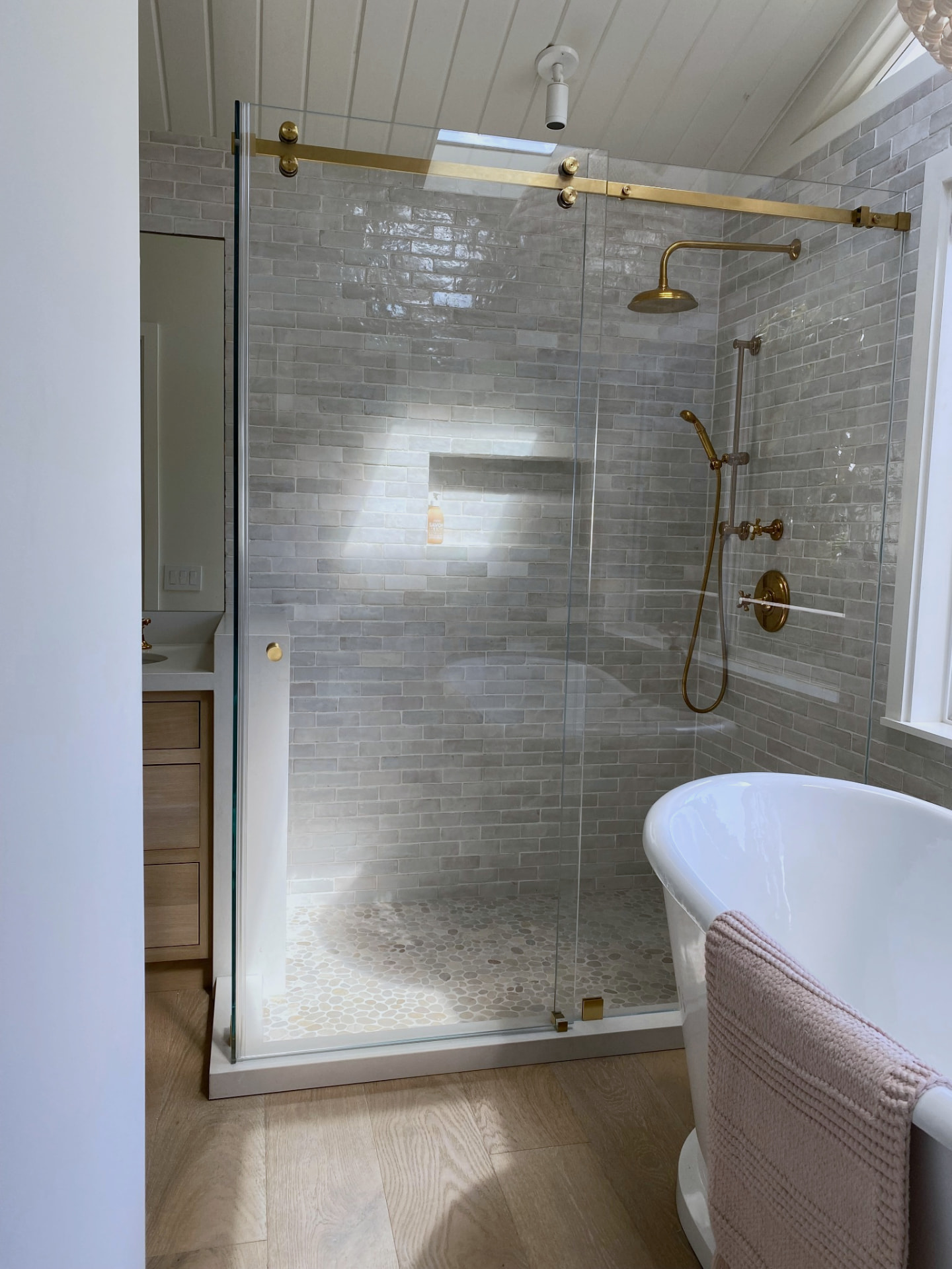 Satin Brass Sliding Shower - Kauai residence - Kauai glass project